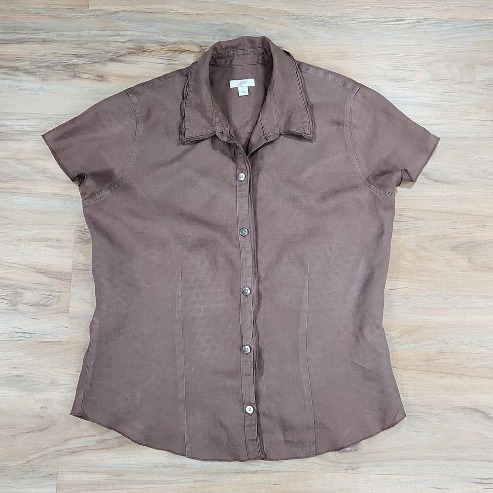 J Jill Brown Linen Buttoned Front Short Sleeve Top Small